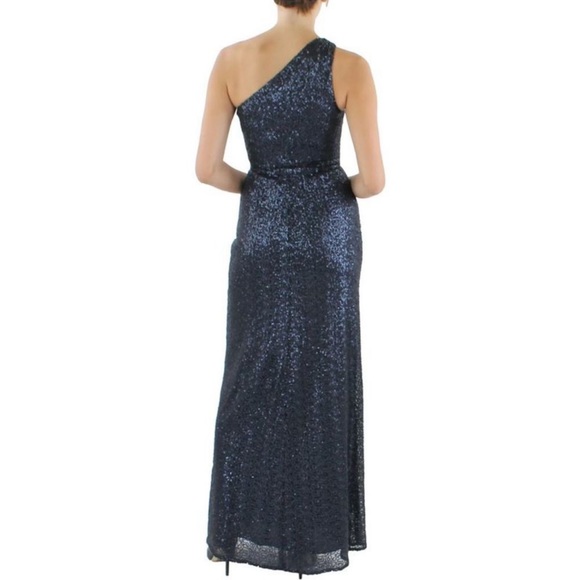 Amsale Womens Navy Sequined One Shoulder Evening Dress Gown NWT Size 4 - Picture 2 of 8